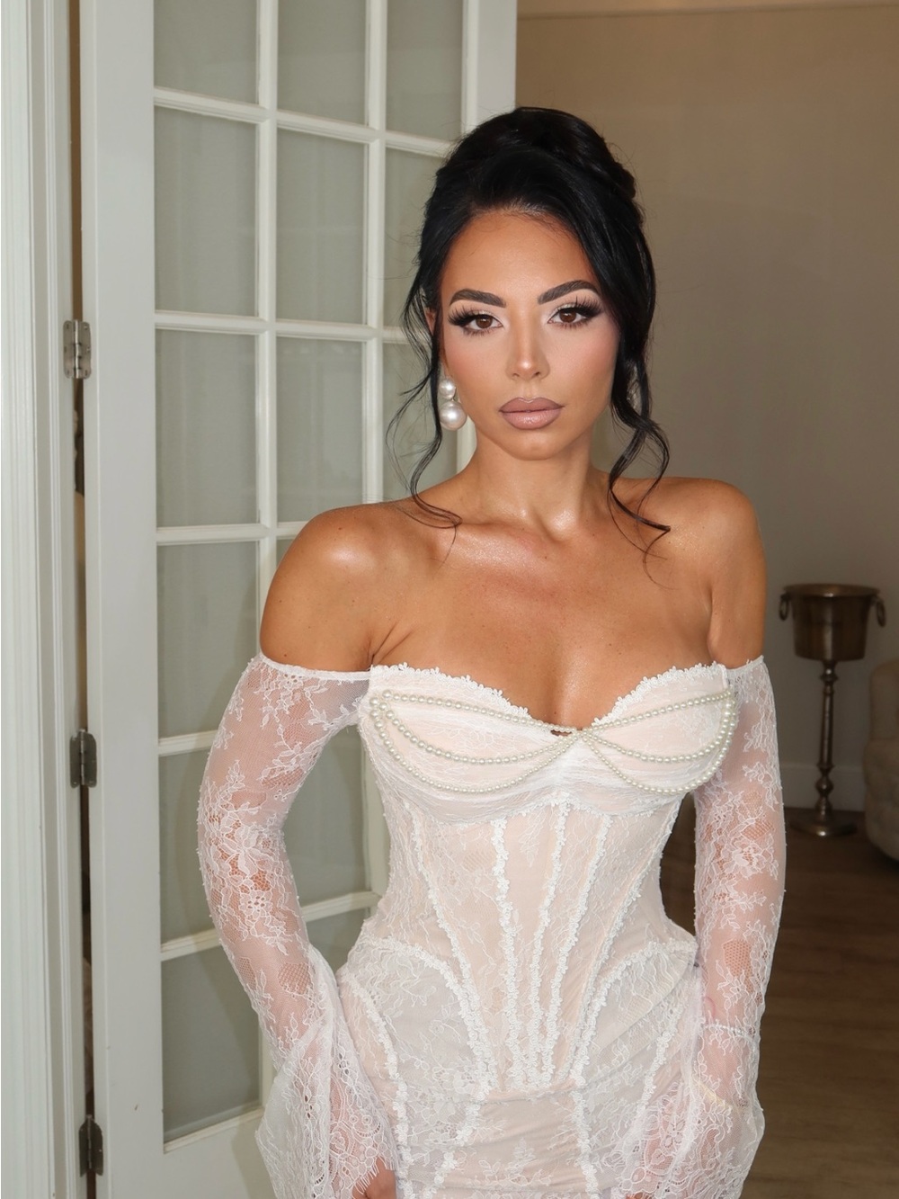Off-Shoulder White Lace Midi Dress with Pearl Trim
